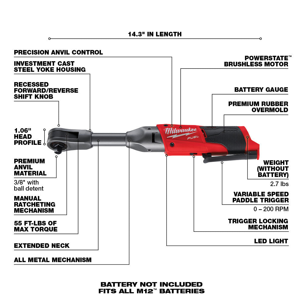 Milwaukee M12 FUEL 1/2 Ratchet with 2 Batteries and Charger Kit 2558-22