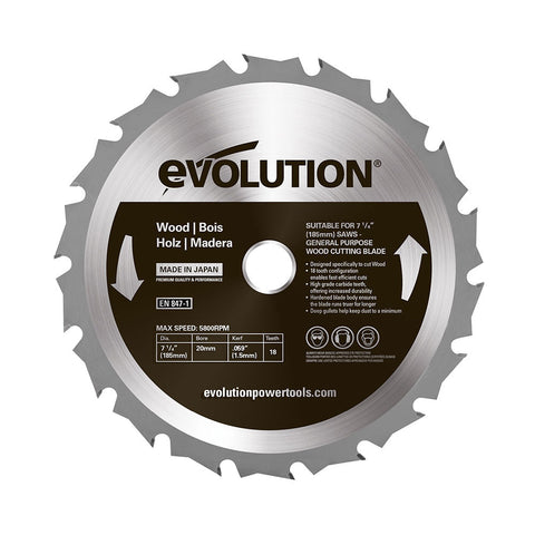 Evolution 7-1/4 in. 18T, 5/8 in. Arbor, Tungsten Carbide Tipped, Standard Course-Cutting Rip Blade For Wood