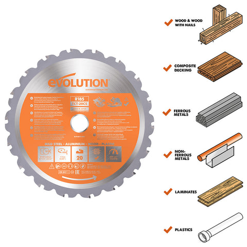 Evolution 7-1/4 in. 20T, 25/32 in. Arbor, Tungsten Carbide Tipped Multi-Material Cutting Blade (Circular Saw & Chop Saw Blade)