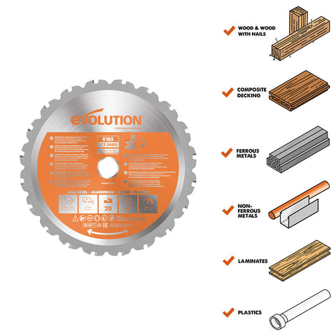 Evolution 7-1/4 in. 20T, 25/32 in. Arbor, Tungsten Carbide Tipped Multi-Material Cutting Blade (Miter Saw Blade)