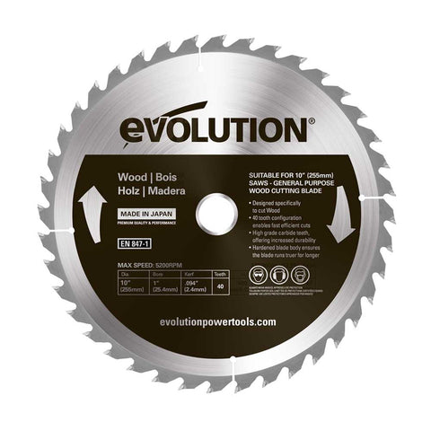 Evolution 10 in. 40T, 1 in. Arbor, Tungsten Carbide Tipped, Standard Course-Cutting Rip Blade For Wood
