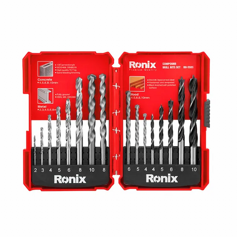 RONIX RH-5583 16PC COMPOUND DRILL BIT SET, CONCRETE/METAL/WOOD/PVC