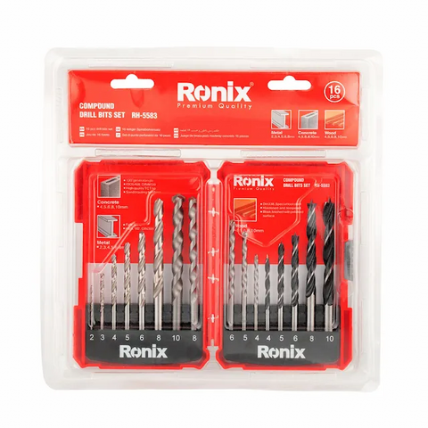 RONIX RH-5583 16PC COMPOUND DRILL BIT SET, CONCRETE/METAL/WOOD/PVC