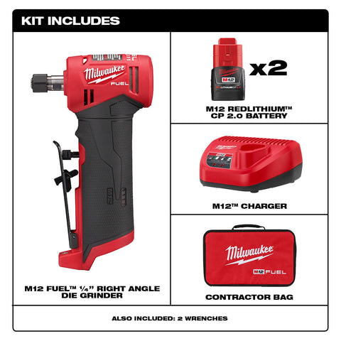 Milwaukee 2485-22 M12 FUEL Lithium-Ion Brushless Cordless 1/4" Right Angle Die Grinder Kit, 2.0 Ah