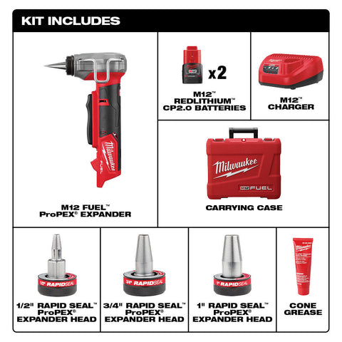 Milwaukee 2532-22 M12 FUEL Lithium-Ion Brushless Cordless ProPEX Expander Kit w/ 1/2"-1" RAPID SEAL ProPEX Expander Heads, 2.0 Ah