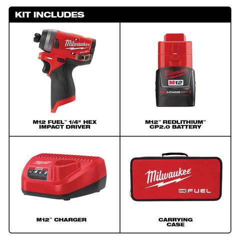 Milwaukee 2553-21 M12 FUEL Lithium-Ion Brushless Cordless 1/4" Hex Impact Driver Kit, 2.0 Ah