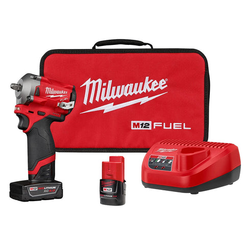 Milwaukee 2554-22 M12 FUEL 12V Lithium-Ion Brushless Cordless 3/8" Stubby Impact Wrench Kit, 4.0 Ah