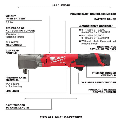 Milwaukee 2565-22 M12 FUEL Lithium-Ion Brushless Cordless 1/2" Right Angle Impact Wrench w/ Friction Ring Kit, 2.0 Ah