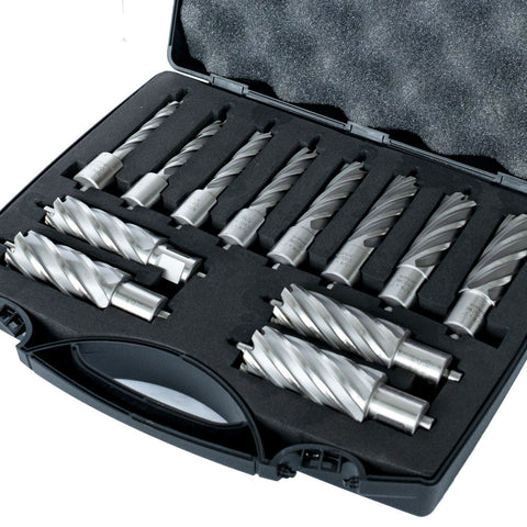 Evolution 12pc 2 In. Depth Annular HSS Mag Drill Cutter Set, 7/16 to 1-1/8in with 3/4in. Weldon Shank